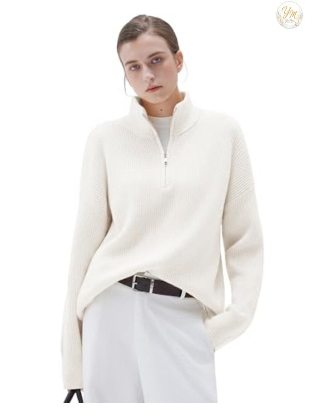 Women's Cashmere Blend Quarter Zip Oversized Pullover Sweater Mock Neck